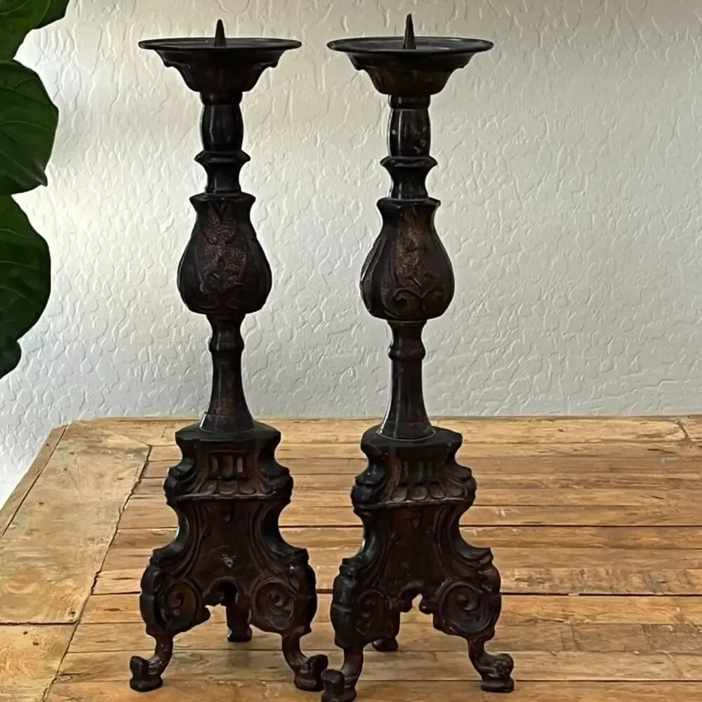 Rare Vintage Baroque Cast Iron Church Altar Candlestick Holders 13.75” Tall
